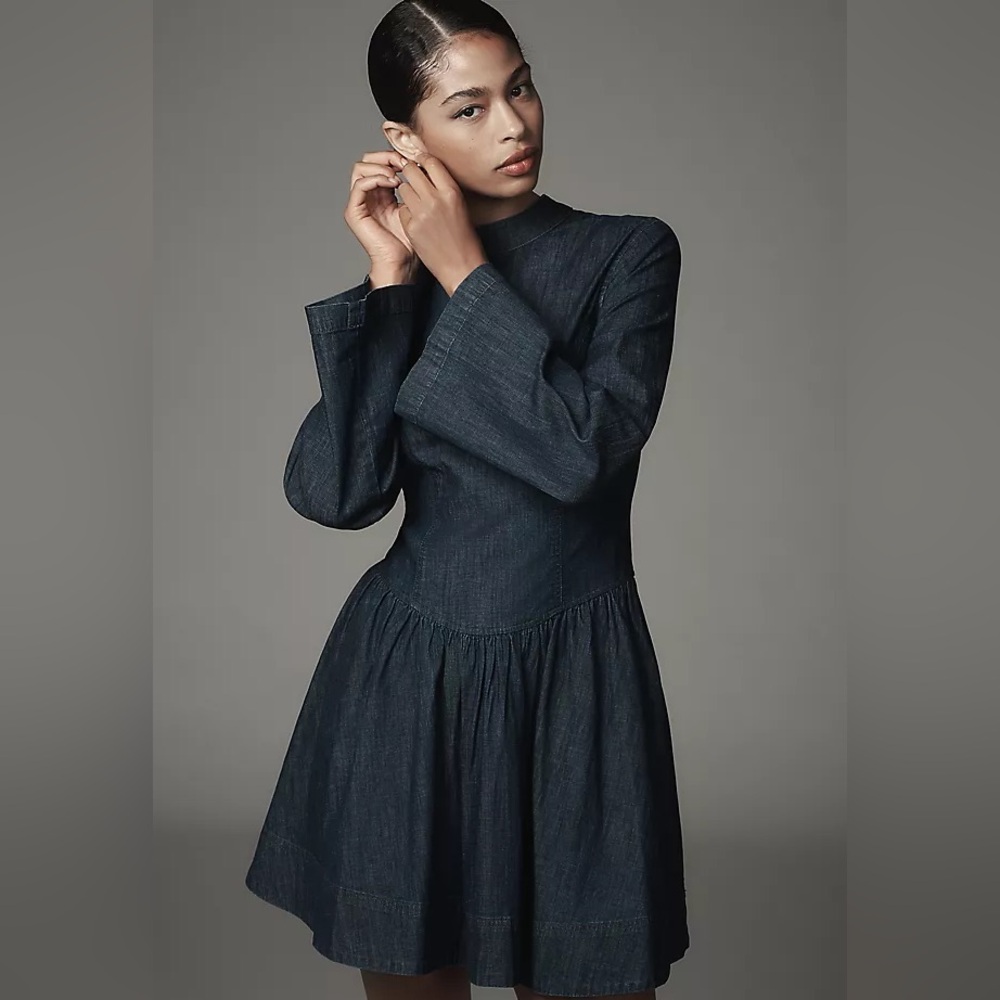 NWT Anthropologie Porridge Long-Sleeve Dark Wash Denim Drop-Waist Mini Dress, XS